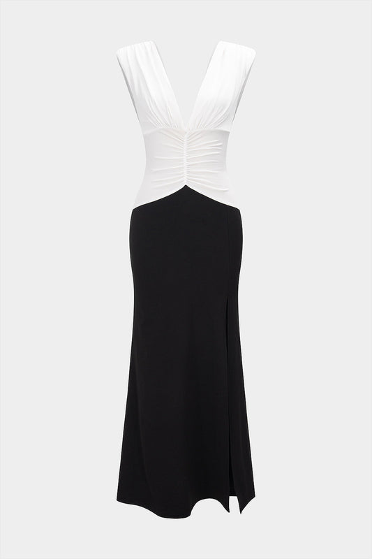 Contrast V-Neck Ruched Slit Sleeveless Midi Dress
