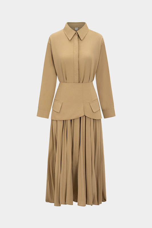 Solid Chiffon Button Pleated Dress Set
