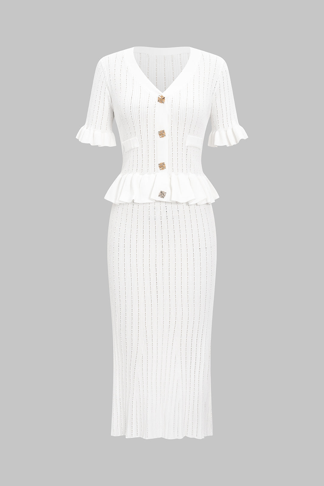 Knit V-Neck Ruffle Short Sleeve Shirt And Fish Tail Skirt Set