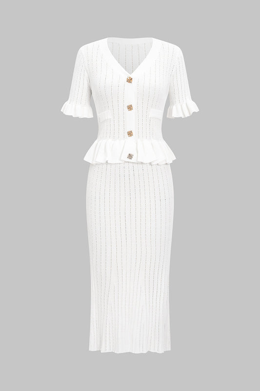 Knit V-Neck Ruffle Short Sleeve Shirt And Fish Tail Skirt Set