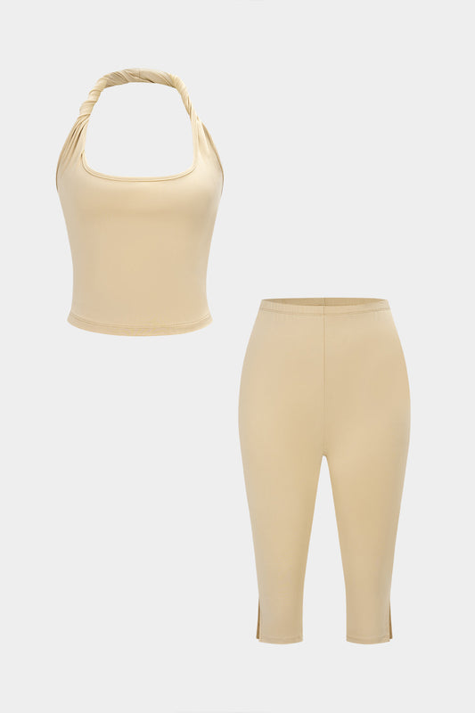 Solid Twist Knot Halter Cami Top And Shorts Set