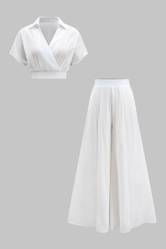 Ruched Crossed Short Sleeve Top And Wide Leg Trousers Set