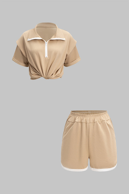 Contrast Zipper Short-Sleeve Shirt And Ruched Shorts Set