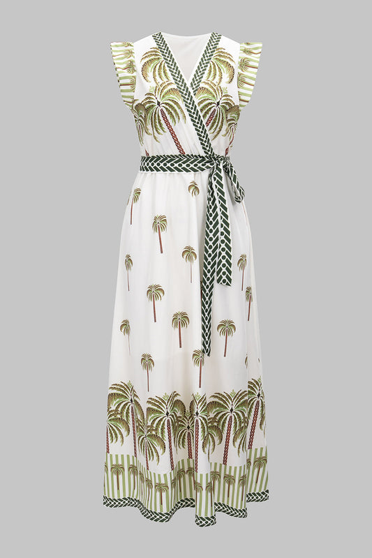 Coconut Palm Branches Leaves Print V-Neck Short Sleeve Maxi Dress