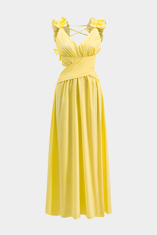 Chiffon Ruched Tie Back V-Neck Maxi Dress