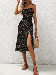 French Ditsy Floral Print Dress with Split