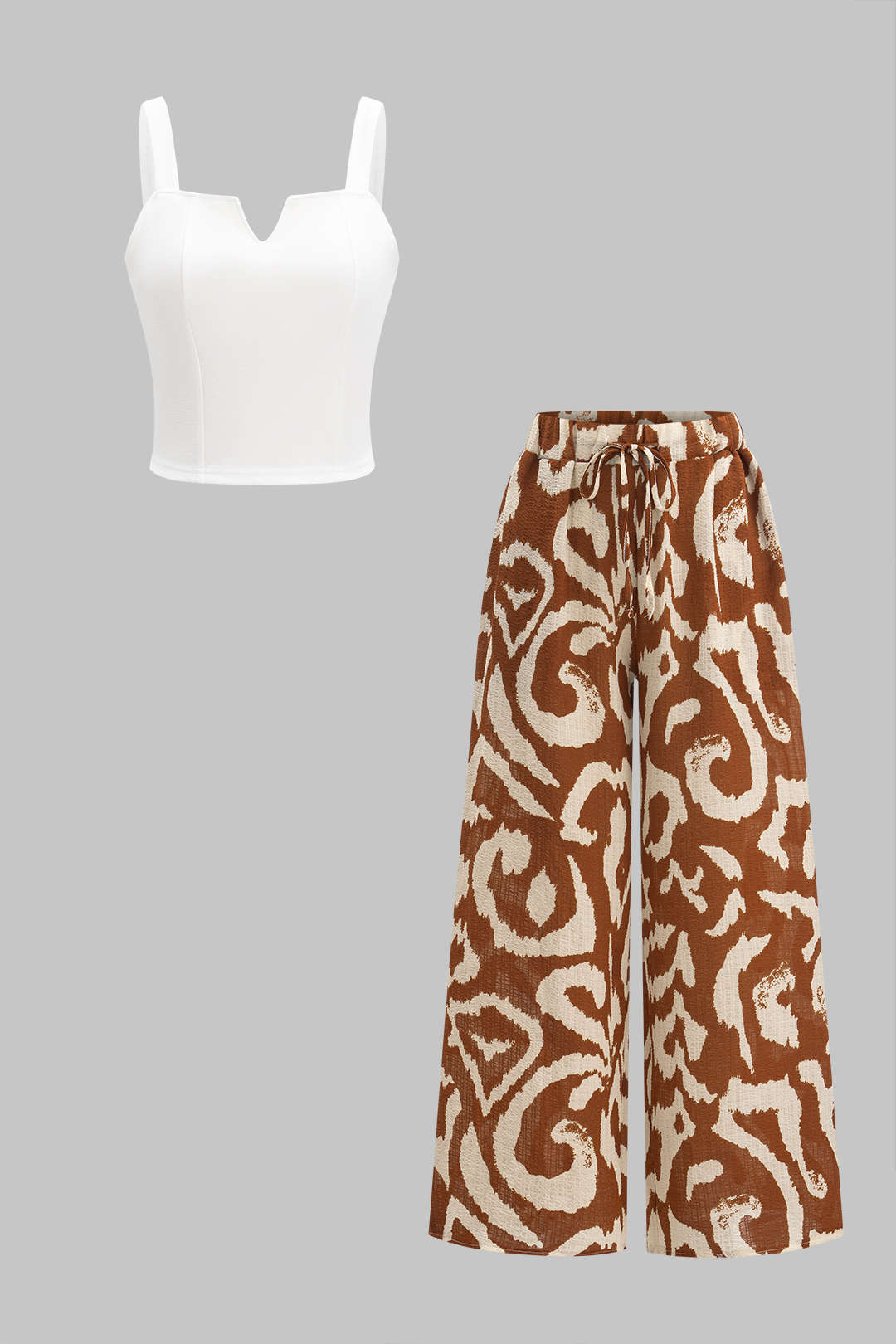 Sleeveless Tank Top And Hawaiian Pattern Contrast Wide Leg Trousers Set