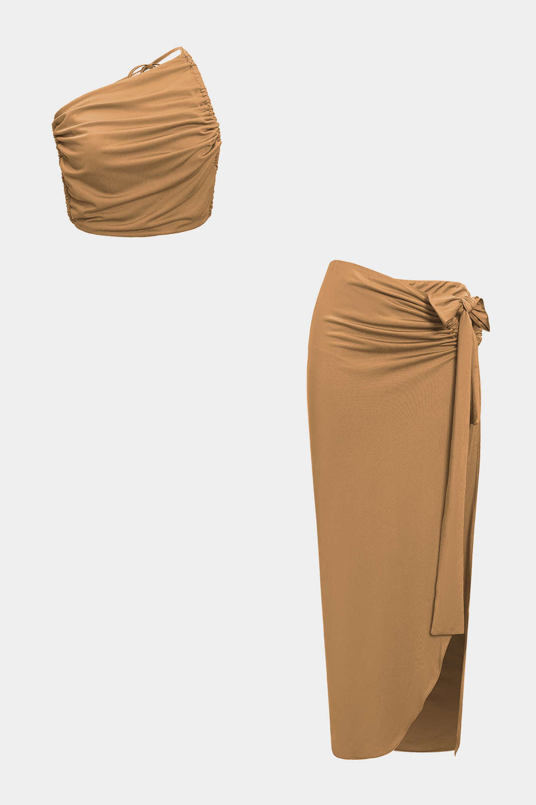 Asymmetrical Ruched Tank Top And Tie-Up Slit Skirt Set