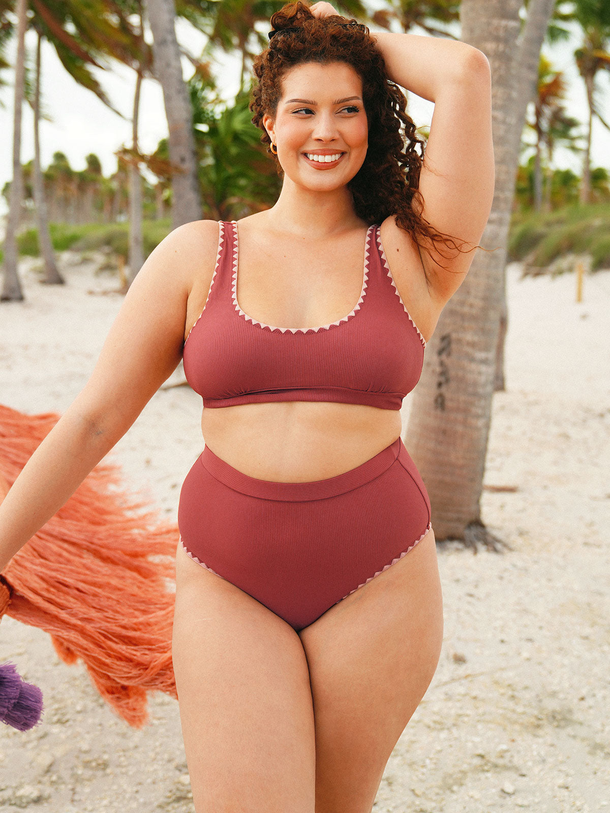 Brick Red Contrast Stitch Plus Size Bikini Bottom