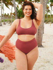 Brick Red Contrast Stitch Plus Size Bikini Bottom