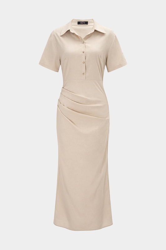 Button Ruched Short Sleeve Maxi Dress