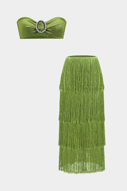 Ruched Bead Tube Top And Fringe Skirt Set
