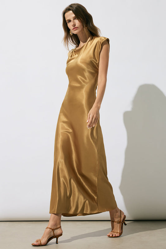 Satin Asymmetrical Metallic Decor Slit Sleeveless Midi Dress