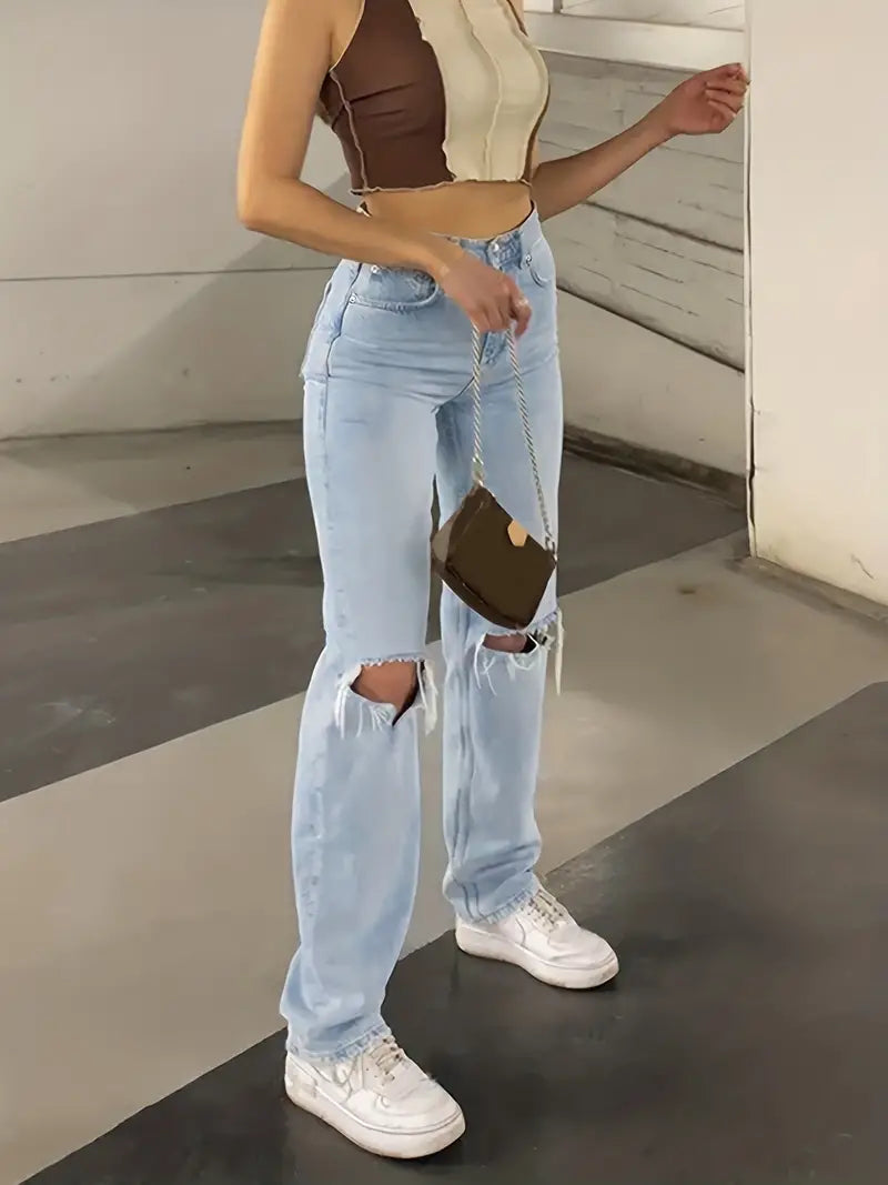 Light Blue 2000s Boyfriend Jeans with Ripped Design