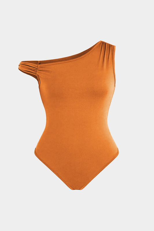 Plus Size Ruched Asymmetrical Neck Bodysuit