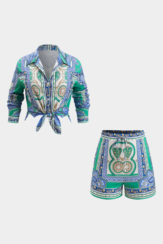Bohemian Print Tie Front Shirt And Shorts Set