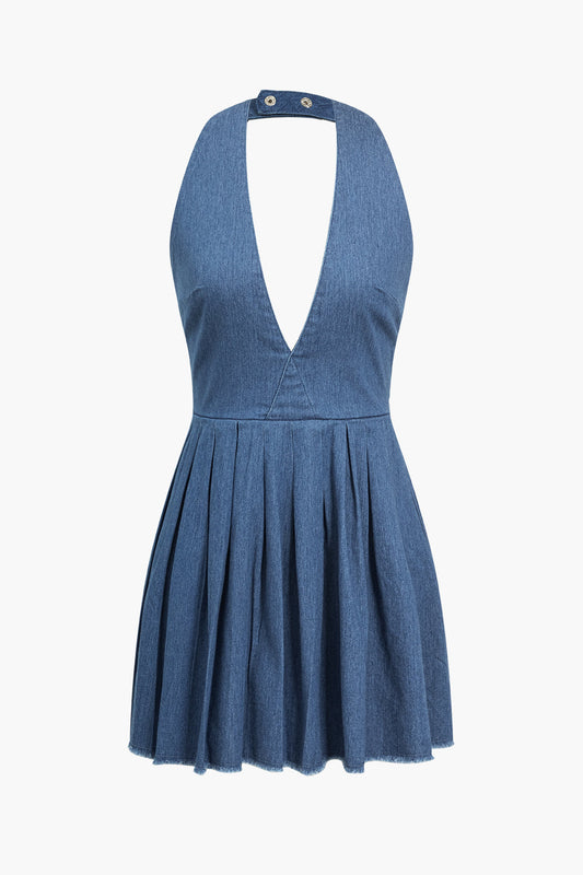 Solid Pleated V-neck Backless Denim Mini Dress