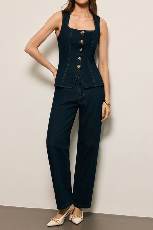 Denim Metallic Button Tank Top And Straight Leg Jeans Set
