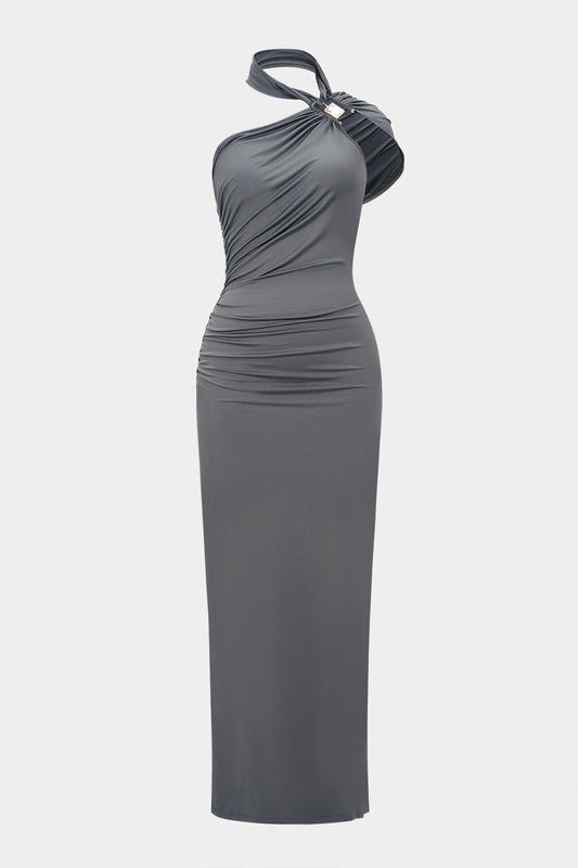 Rhinestone Decor Halter Neck One Shoulder Maxi Dress