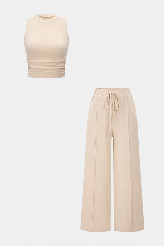 Solid Tank Top And Drawstring Trousers Set