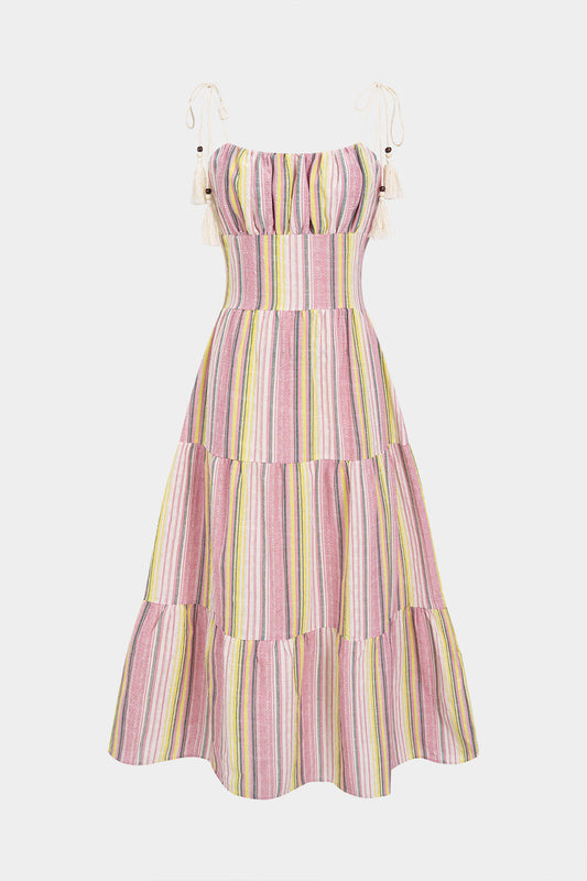 Retro Stripes Print Ruched Patchwork Slip Sleeveless Maxi Dress