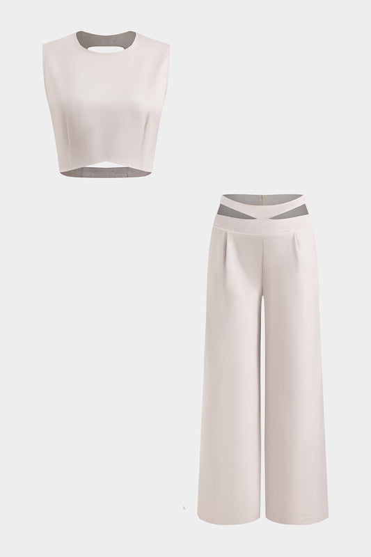 Solid Backless Tank Top And Cut Out Zipper Trousers Set