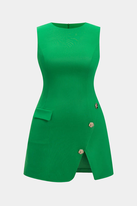 Plus Size Metallic Button Zipper Detail Slit Sleeveless Mini Dress