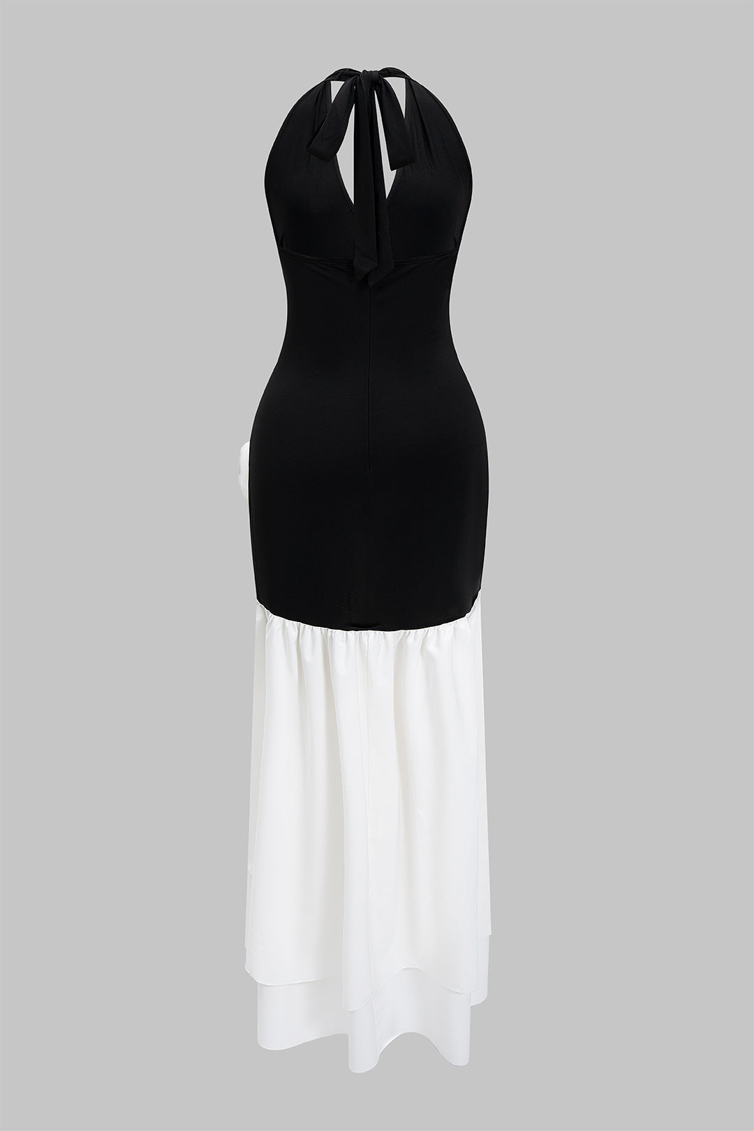 Contrast Halter Tie-Front Ruffle Asymmetrical Slip Maxi Dress