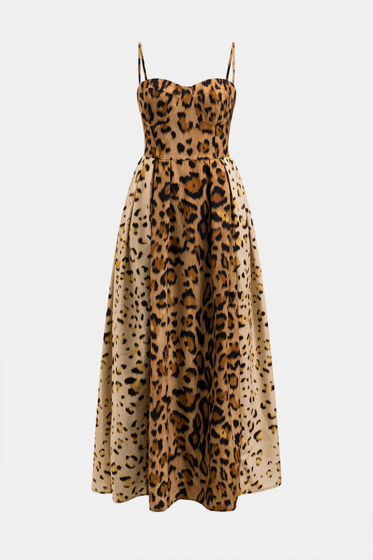 Leopard Print Ruched Bustier Slip Midi Dress