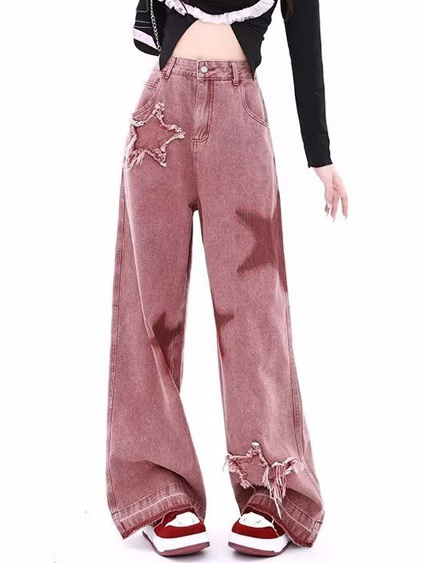 Pink Hip Pop Star Print Embroidery Boyfriend Jeans