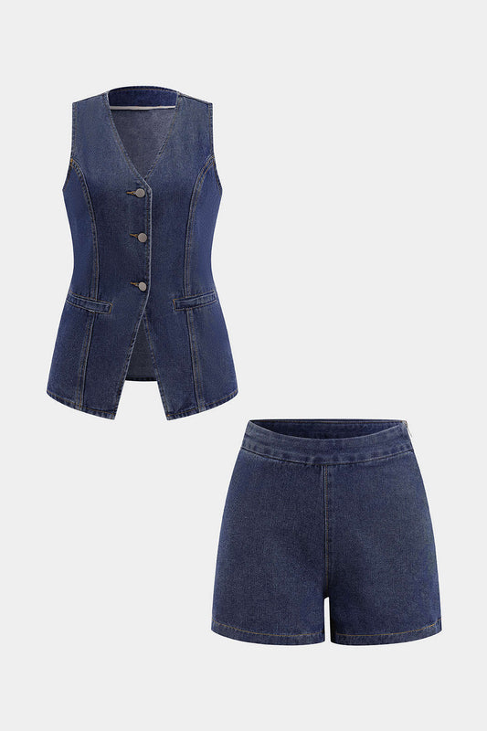 Denim Button Pocket Belted Tank Top And Shorts Set