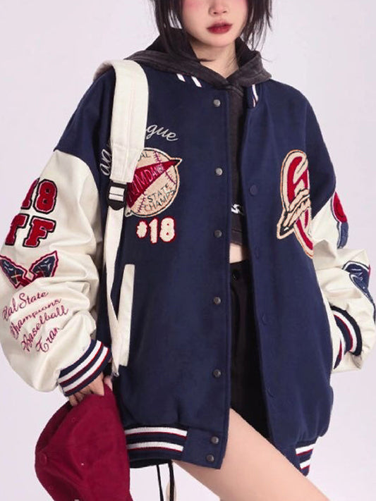 Navy Blue Varsity College Jacket with Flocking Print