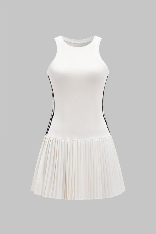 Contrast Stripe Print Pleated Tank Sleeveless Mini Dress