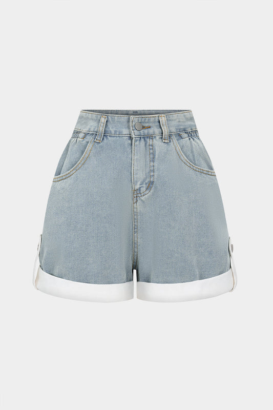 Denim Patchwork Zipper Wide Leg Shorts