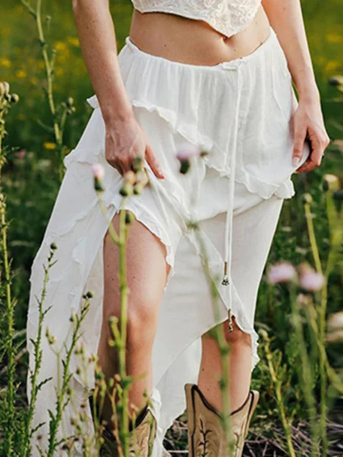 White Vintage Ruffle Slit Midi Skirt