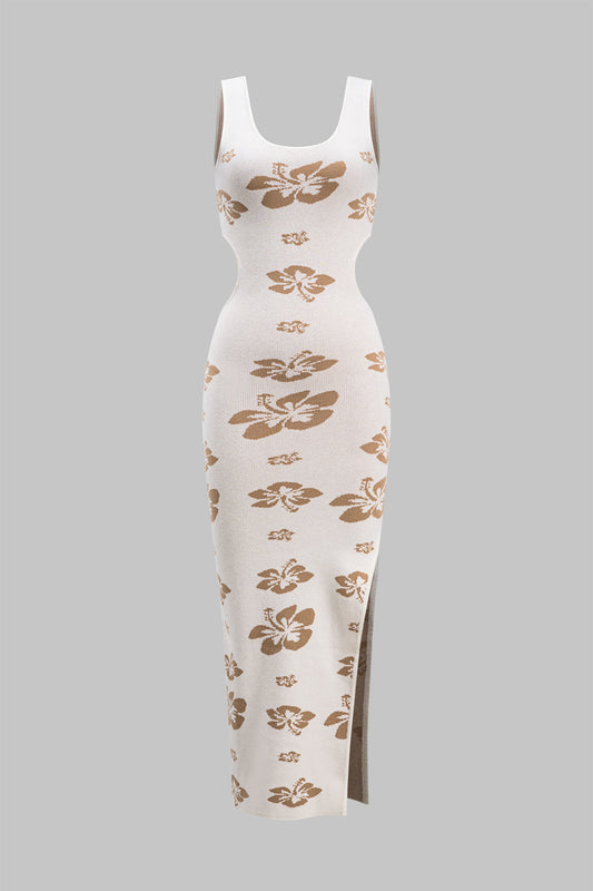 Knit Floral Print Cut Out Slit Sleeveless Dress