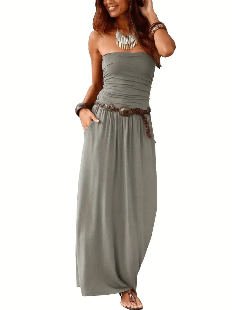 Vintage Solid Color Versatile Strapless Maxi Dress with Pockets