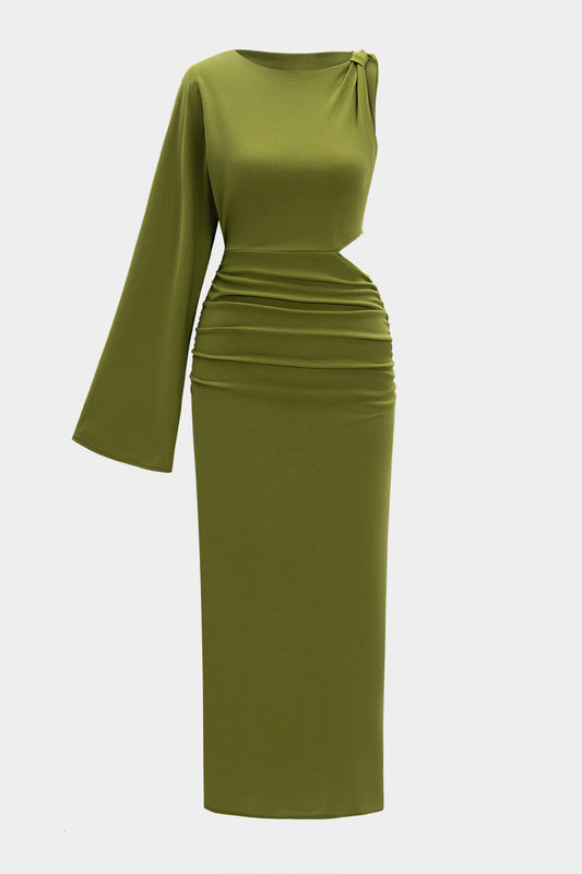 Chiffon Asymmetrical Cut Out Ruched Maxi Dress