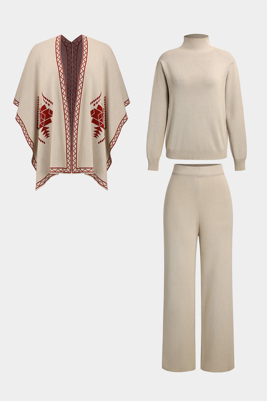 Knit Cape And Mock Neck Long Sleeve Top And Wide Leg Trousers Set