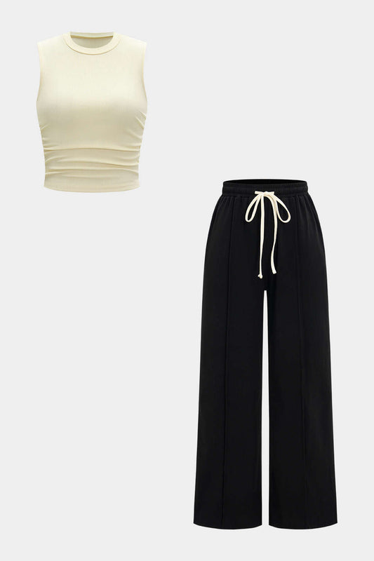 Ruched Tank Top And High Waist Drawstrings Trousers Set