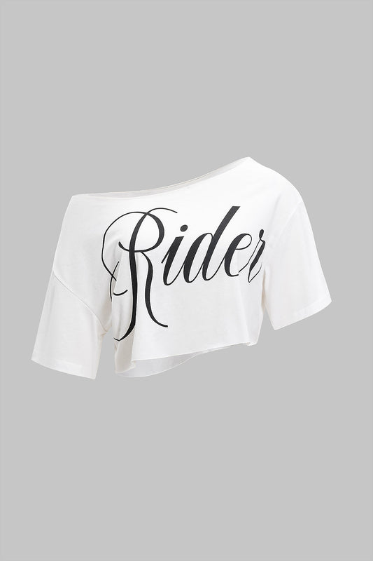 Letter Print One Shoulder Asymmetrical Short Sleeve T-Shirt