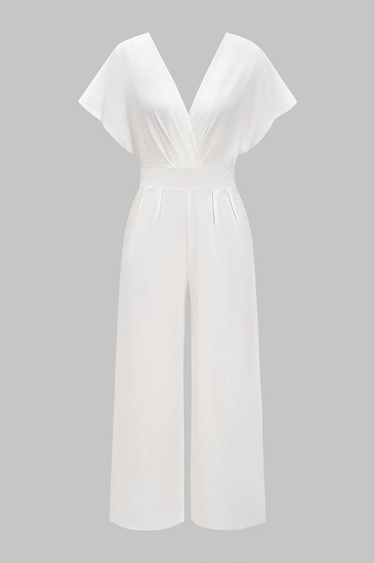 V-Neck Ruched Short Sleeve Wide Leg Jumpsuit