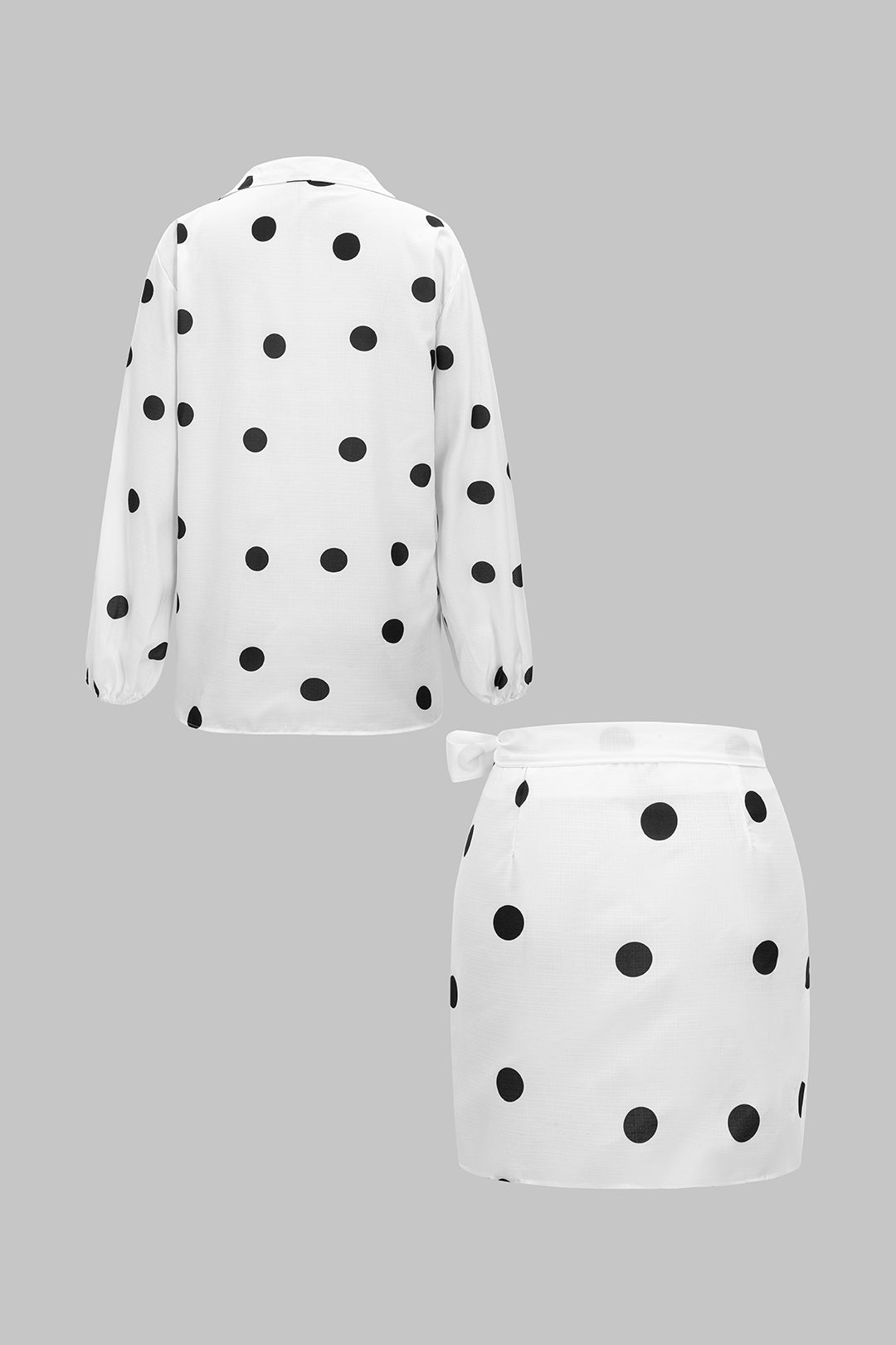 Polka Dots Print Tie-Up Detail Long Sleeve Shirt And Tie Front Mini Skirt Set