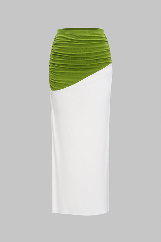 Ruched Asymmetrical Patchwork Slit Skirt