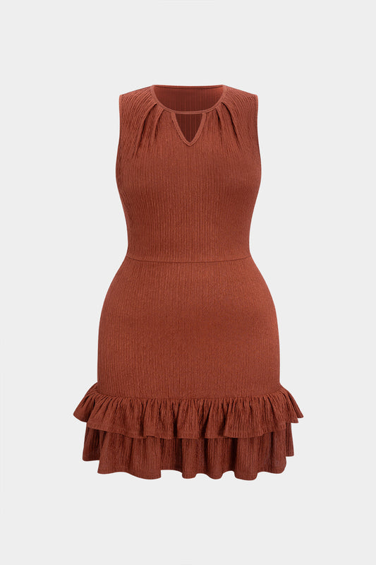 Plus Size Texture Cut Out Ruffle Hem Sleeveless Mini Dress