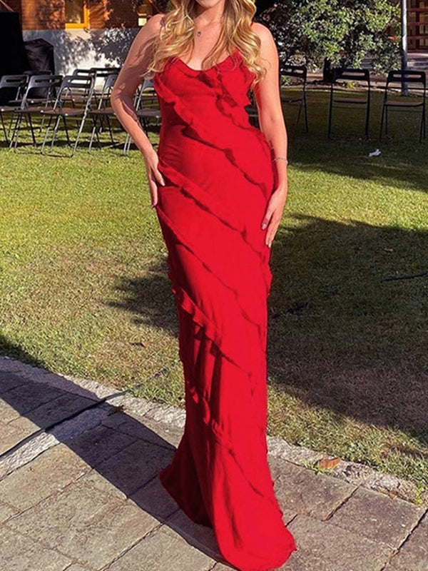 Red Vintage Halter Backless Slit Ruffles Maxi Dress