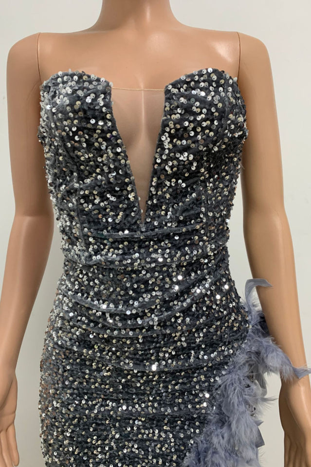 Sequin Feather Trimmed Dress