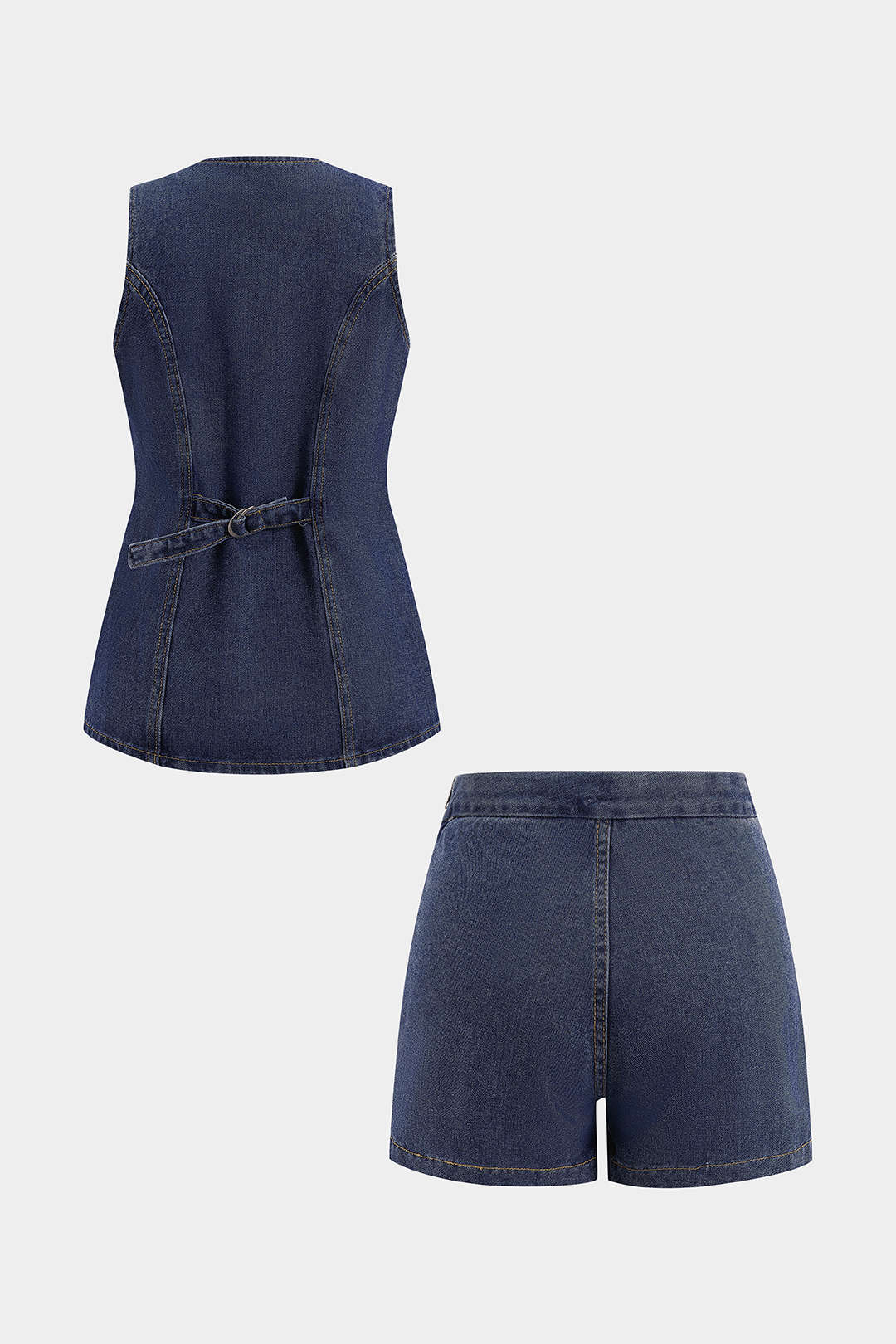 Denim Button Pocket Belted Tank Top And Shorts Set