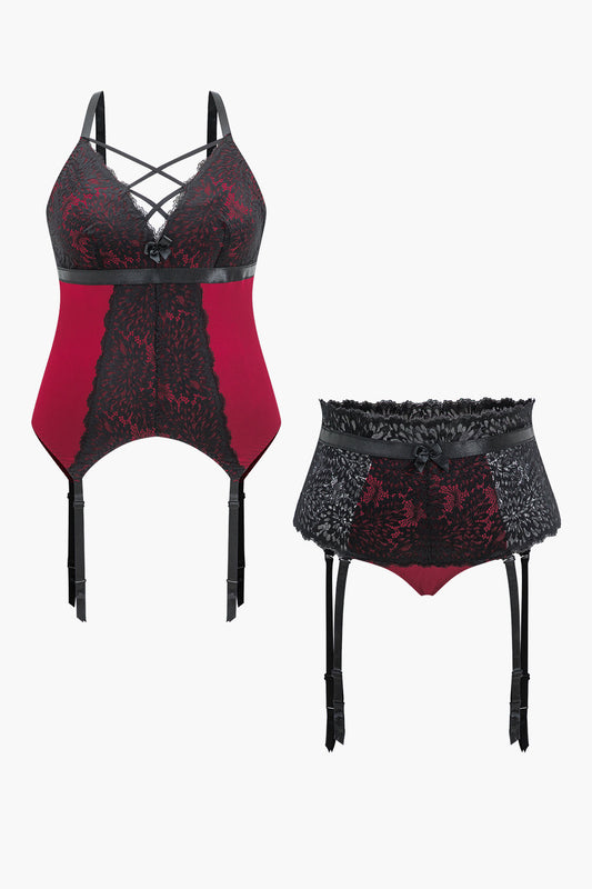 Plus Size Patchwork Tie-Up Lingerie Garter Set