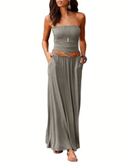 Vintage Solid Color Versatile Strapless Maxi Dress with Pockets